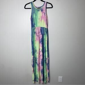 Summer Tie Dye Sleeveless Tank Maxi Dress with Pockets Medium